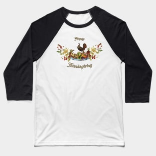 Happy Thanksgiving, with cute turkey, flowers and fruit Baseball T-Shirt